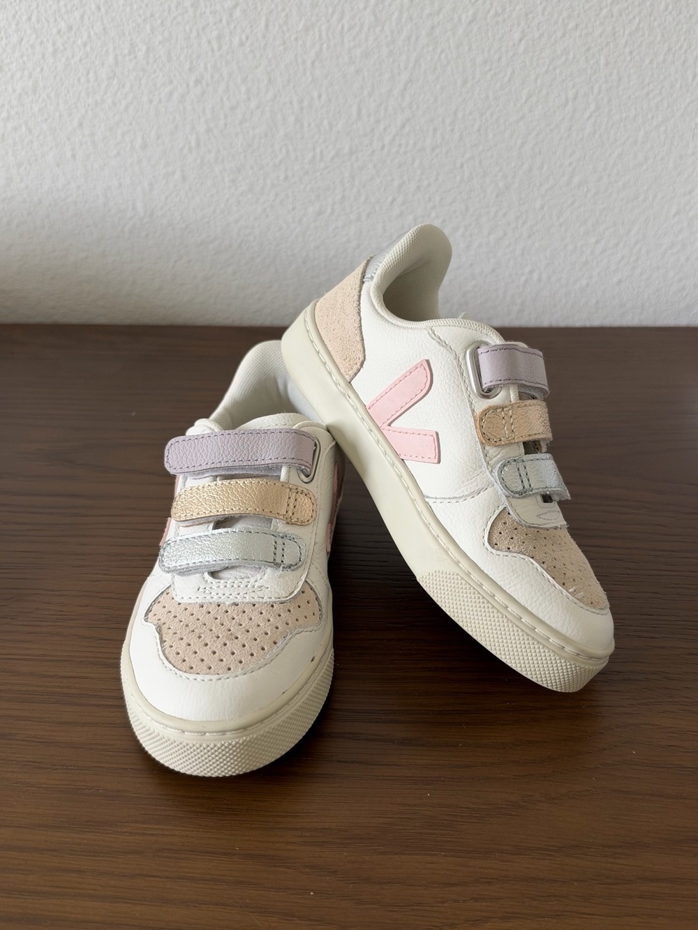 Veja Kids White Leather Sneakers with Pink and Pastel Accents